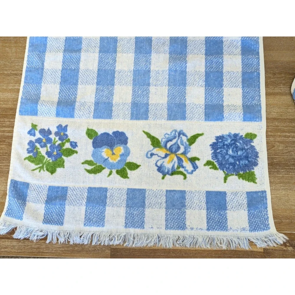 Vtg 70s Lady Pepperell Blue Check Plaid Floral Bath Hand Towel Set Cottagecore